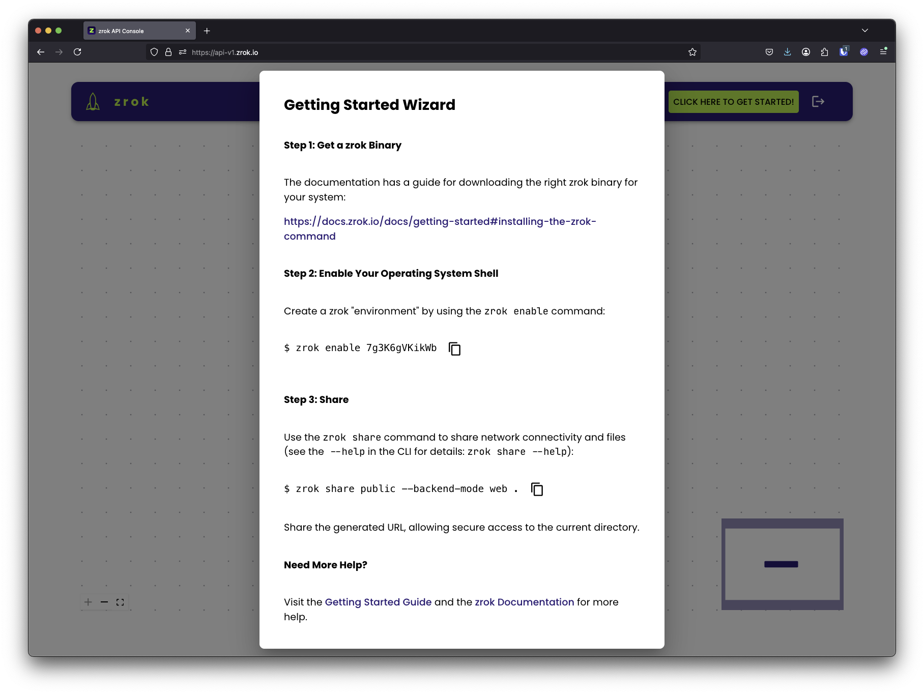 zrok getting started modal